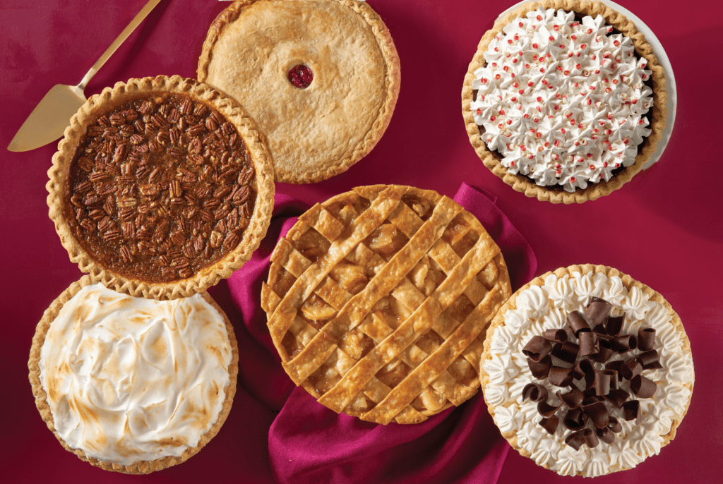 5 types of pies on Thanksgiving tablecloth