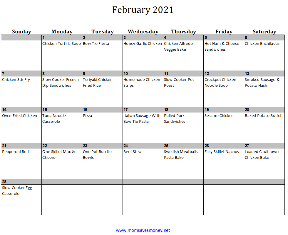 February 2021 monthly menu plan with 28 recipes and printable calendar