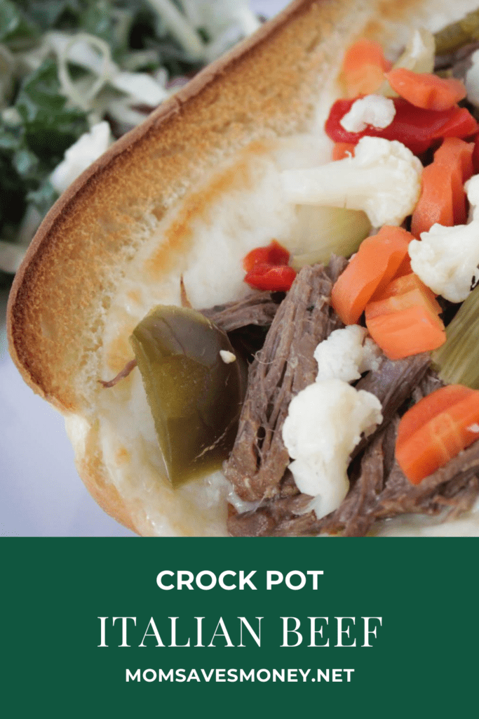 Hot Italian beef sandwiches with chuck roast cooked in the slow cooker and served on a hoagie bun with provolone cheese and giardiniera