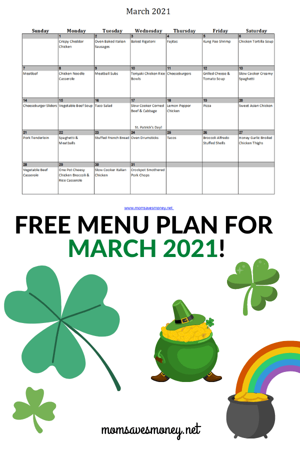 Monthly Menu Plan for March 2021