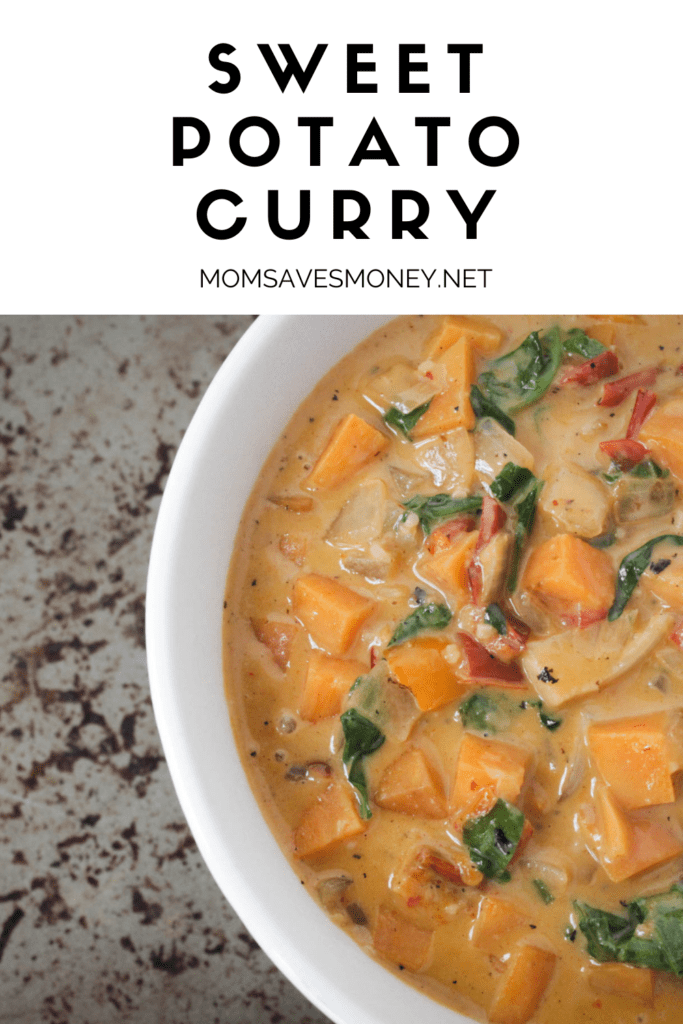 Sweet potato and spinach coconut red curry in a white bowl