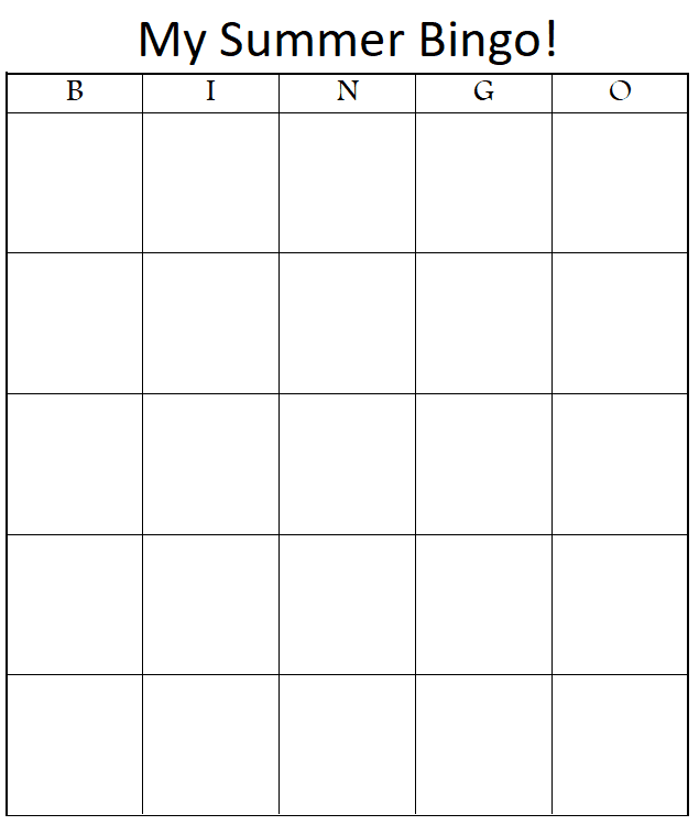 DIY Summer Bucket List Bingo Blank Bingo card