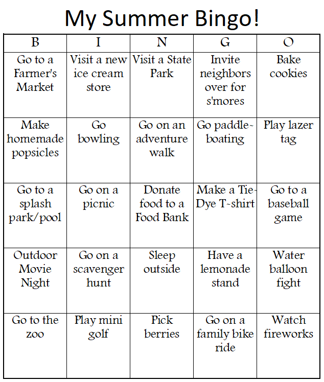 DIY Summer Bucket List Bingo premade Bingo card