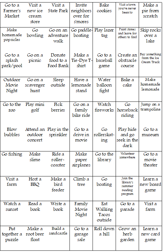 DIY Summer Bucket List Bingo Activity ideas