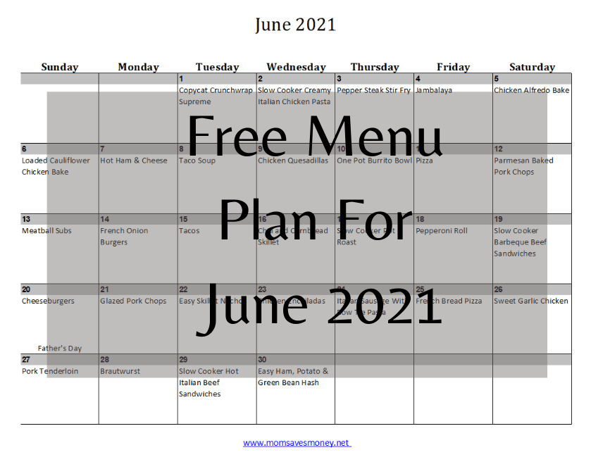 free menu plan for June 2021 with printable calendar