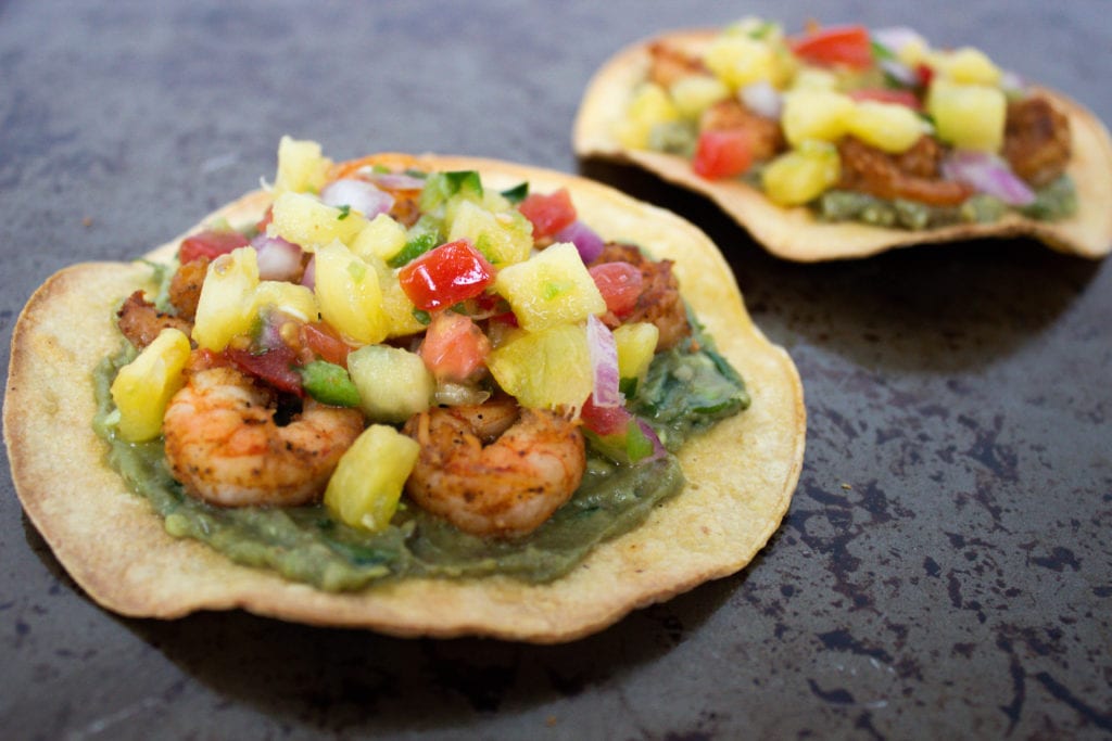 Spicy shrimp tostadas with pineapple salsa and guacamole