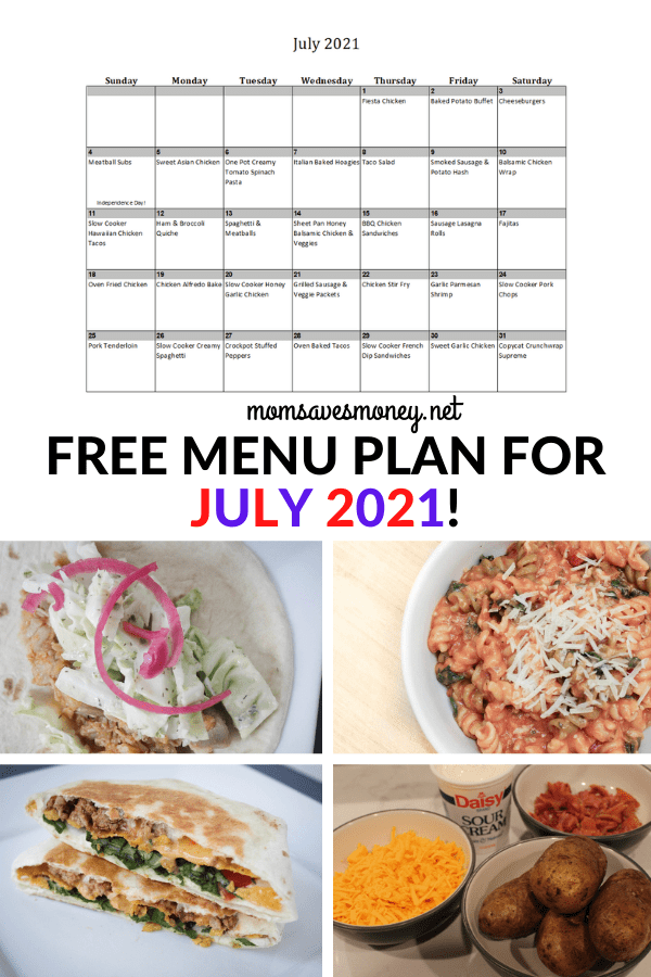 Monthly Menu Plan for July 2021