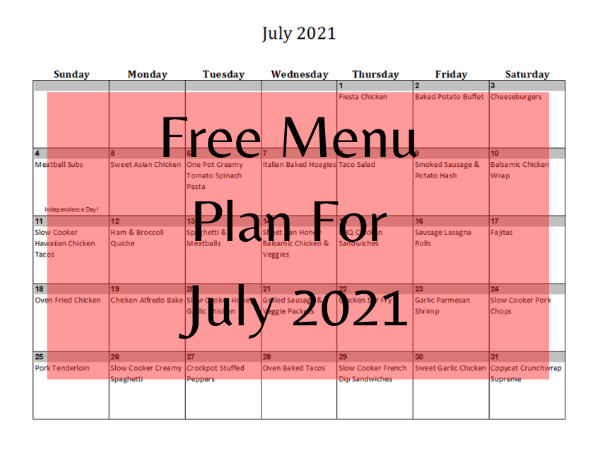 july 2021 menu plan with calendar