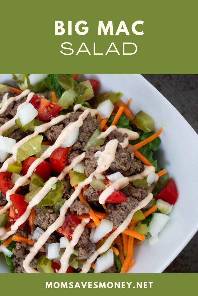 big mac salad with lettuce, tomatoes, ground beef, diced pickles, shredded carrots, white onions and drizzled with thousand island