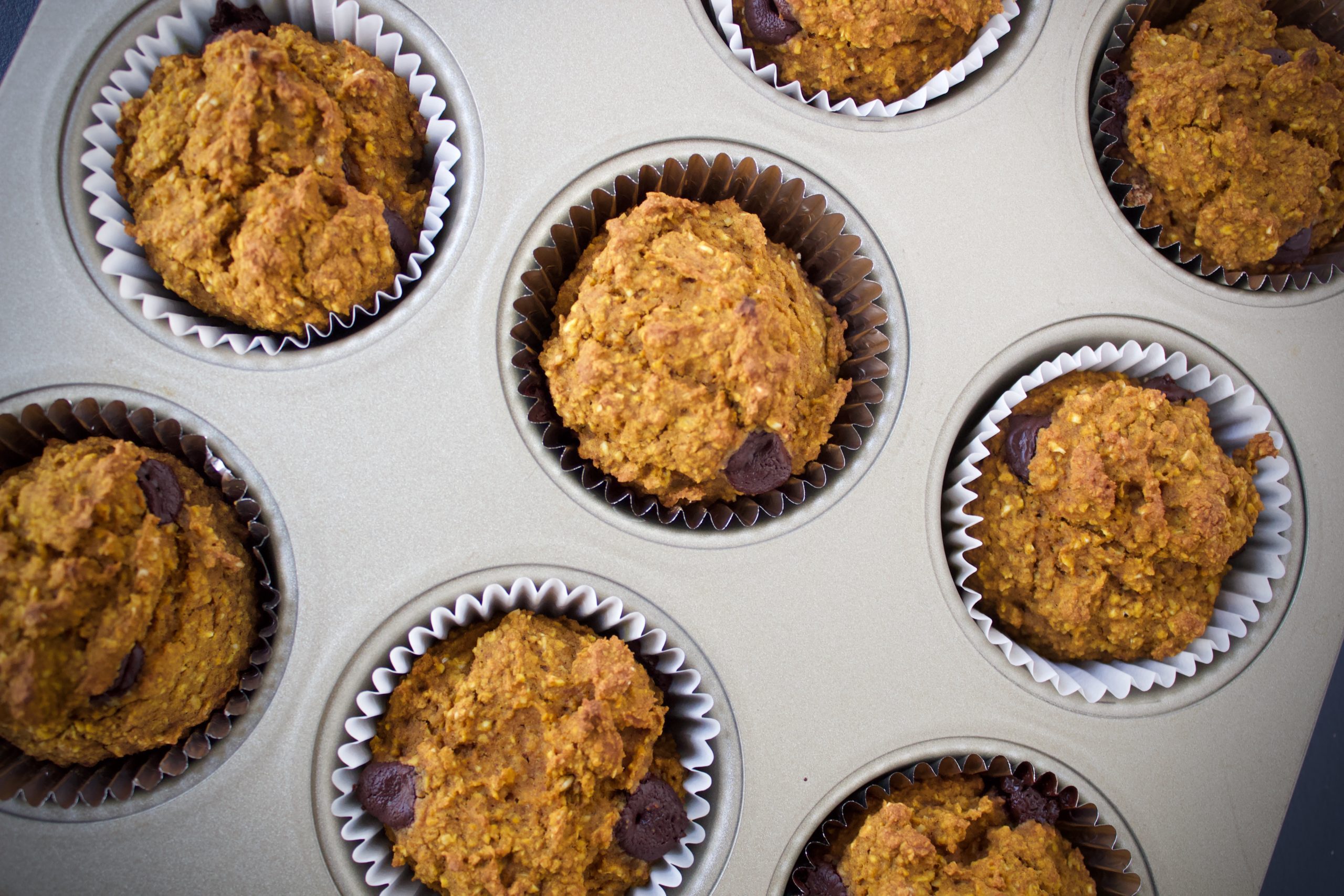 Top-down view of gluten free pumpkin muffins in a baking tin