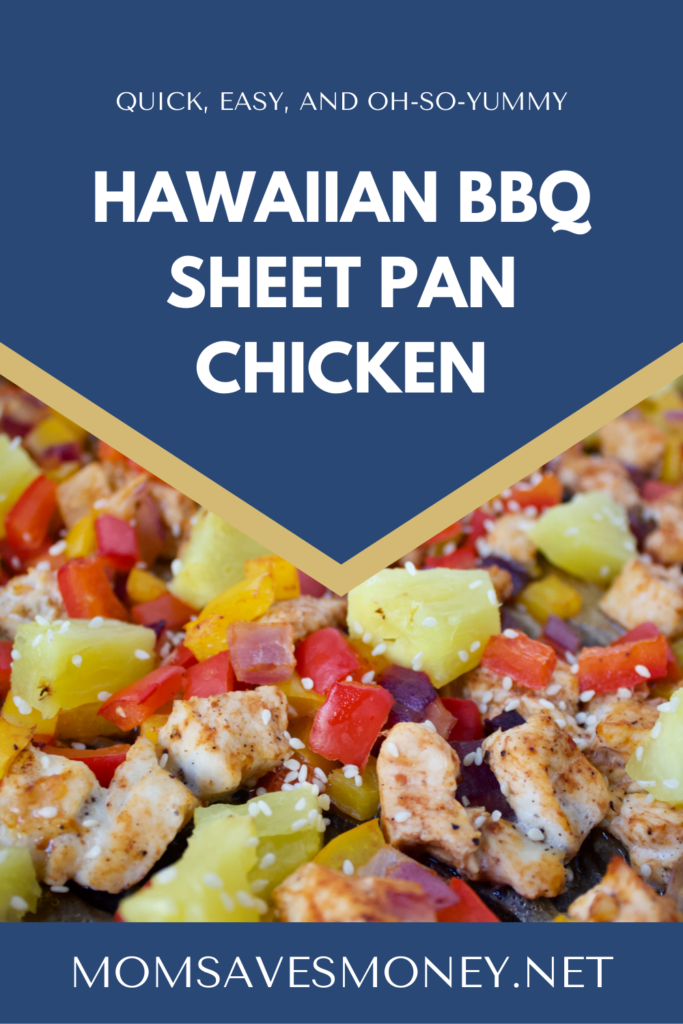 Hawaiian BBQ Chicken with diced bell peppers, onions, and pineapple on a sheet pan