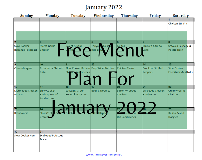 Januaryy 2022 meal plan