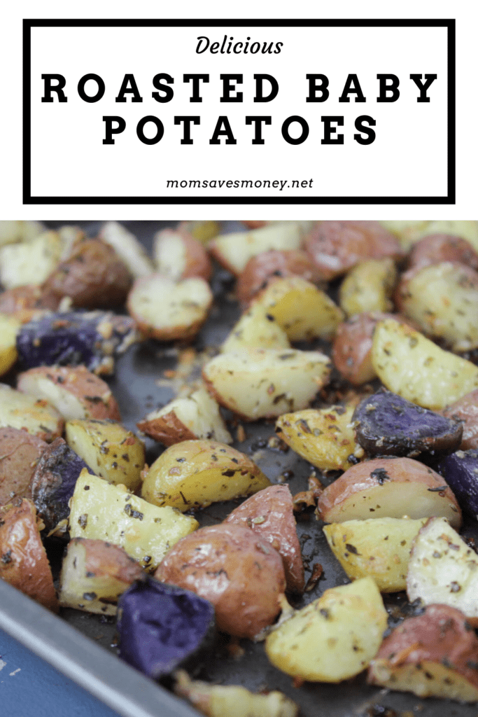 Roasted baby potatoes on a baking sheet