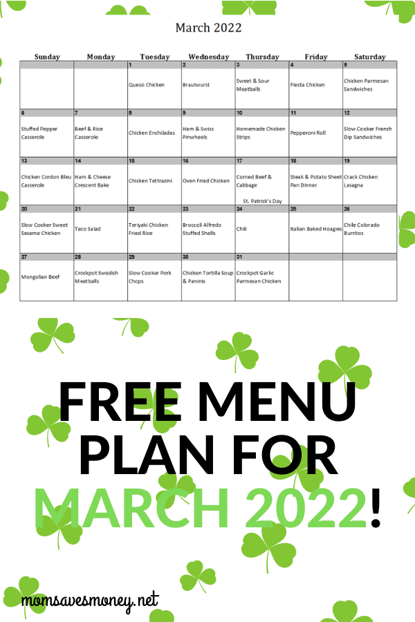 Monthly Menu Plan for March 2022