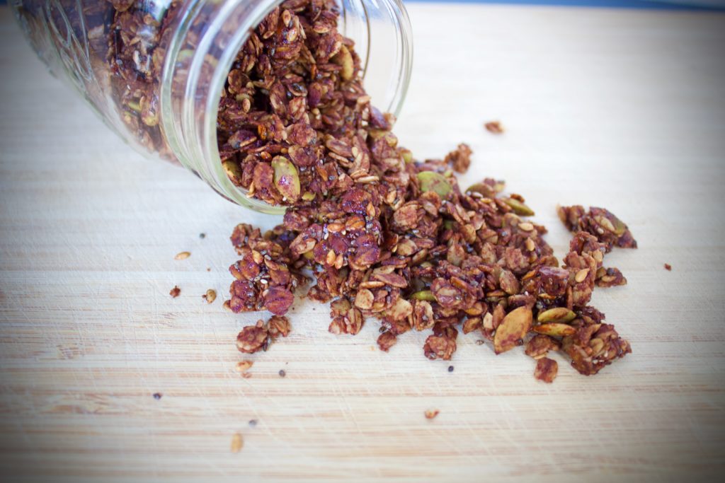 Chocolate granola in a glass container