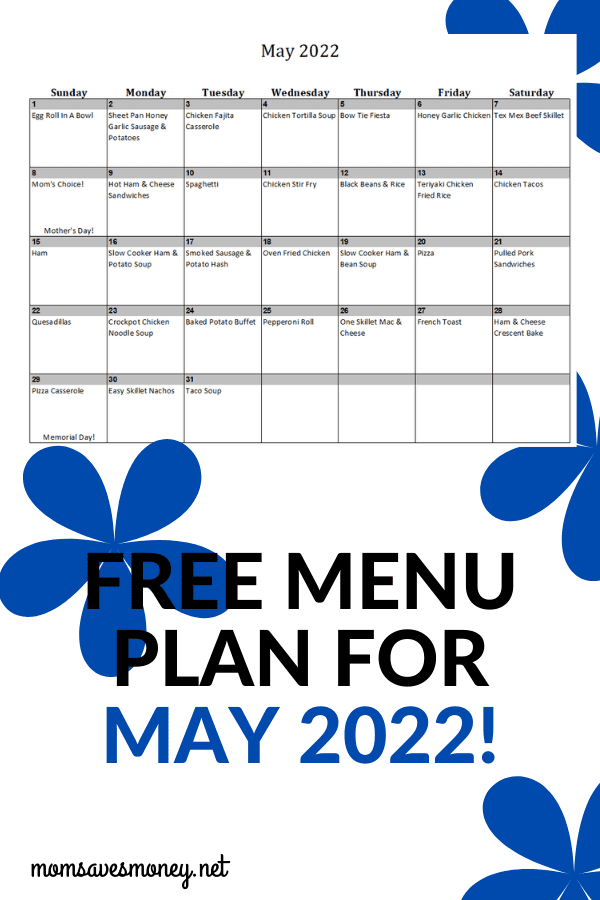 Monthly Menu Plan for May 2022
