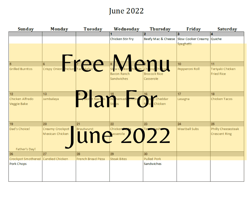 Free Menu Plan for June 2022