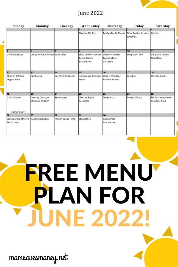 Monthly Menu Plan for June 2022