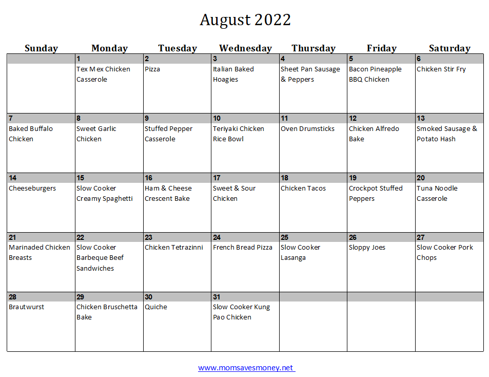 August 2022 meal plan calendar with 30 recipes