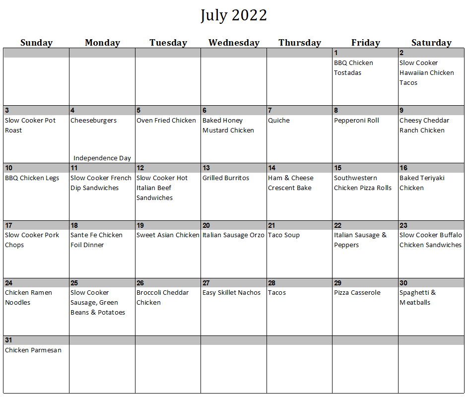 June 2022 meal plan calendar with 30 recipes