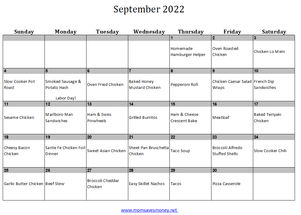 September 2022 meal plan calendar with 30 recipes