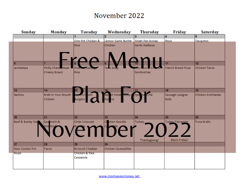 Meal plan calendar for November 2022