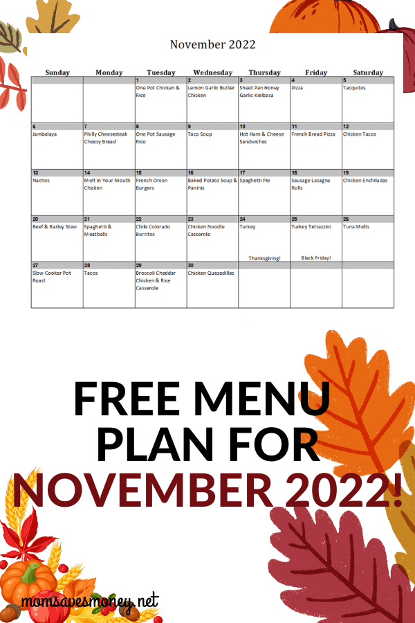 Monthly Menu Plan for November 2022