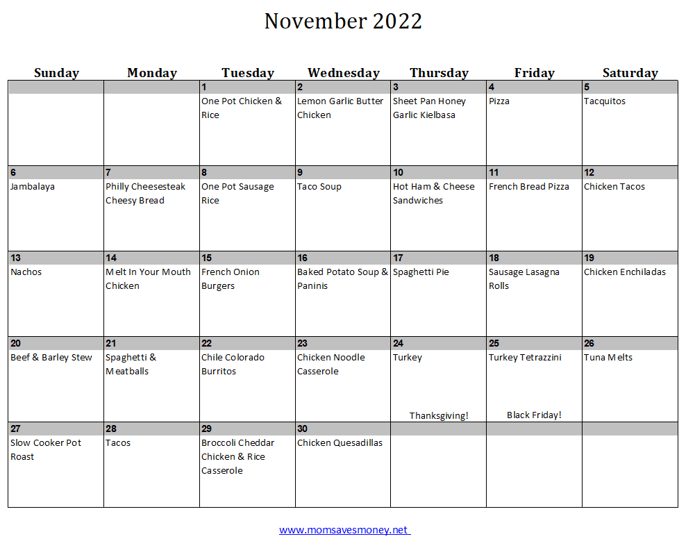 November 2022 meal plan calendar with 30 recipes