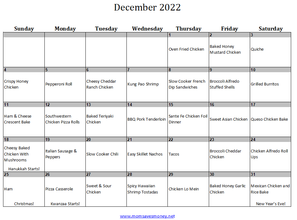 December 2022 meal plan calendar with 31 recipes