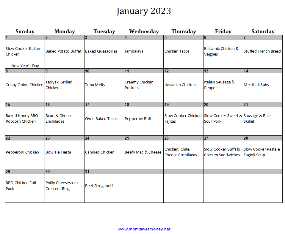 January 2023 meal plan calendar with 31 recipes