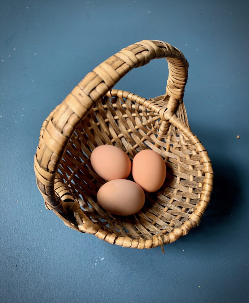 3 brown eggs in a basket