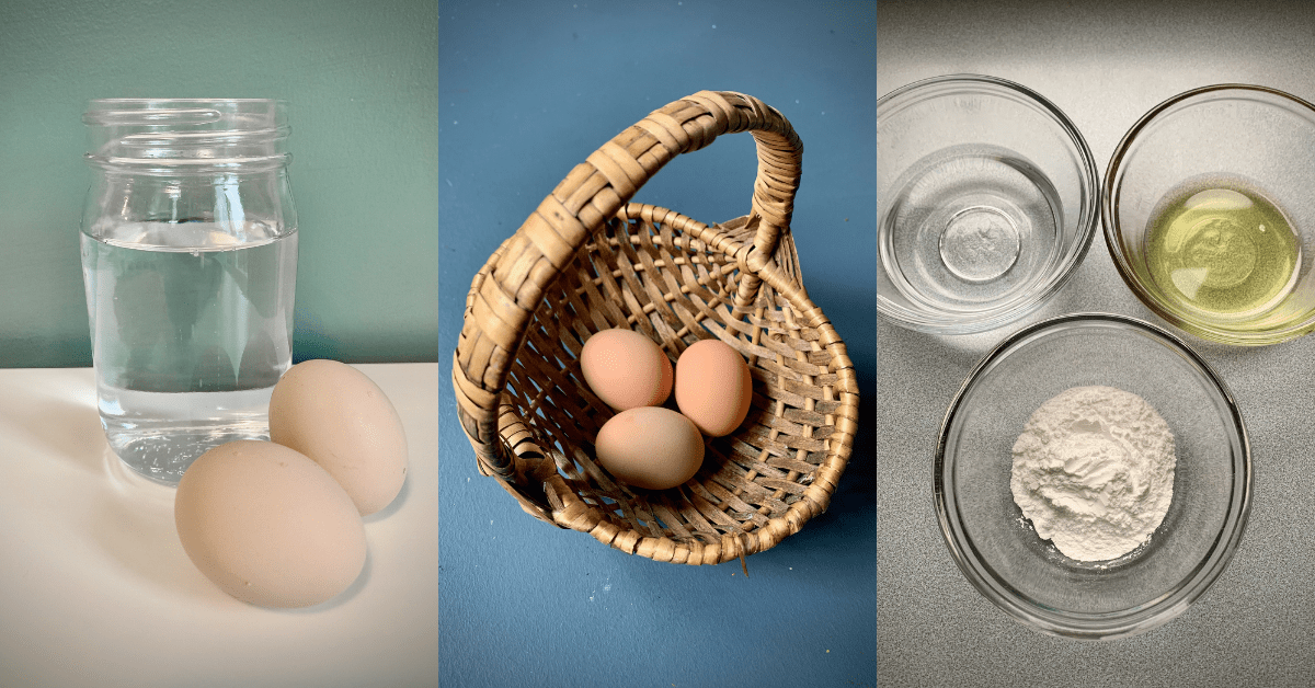Collage image of carbonated water, eggs in basket and 3 ingredients in glass bowls