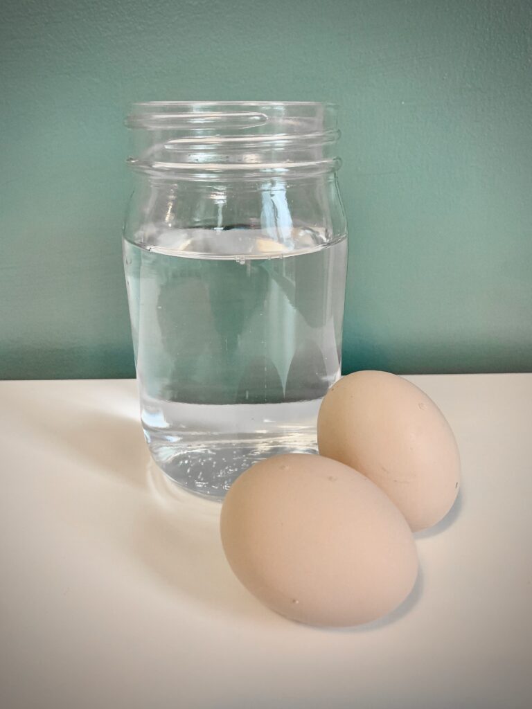 2 brown eggs next to a clear glass jar of carbonated water