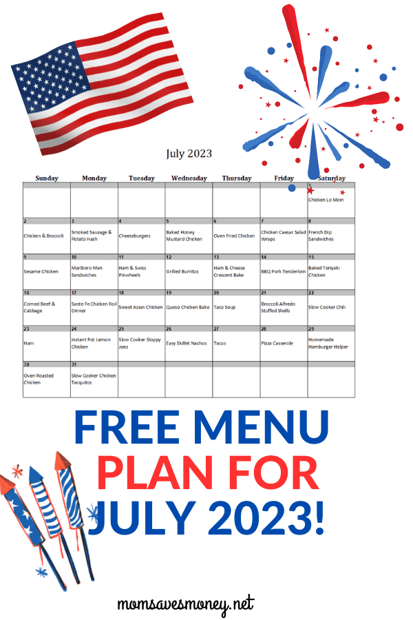 free menu plan for july 2023 with calendar