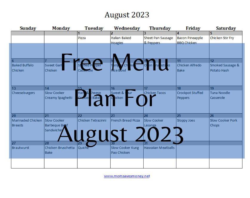 August 2023 menu plan calendar
