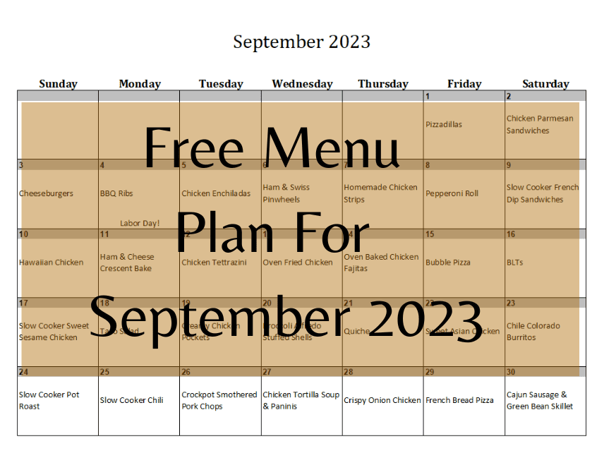 September calendar with meal plan