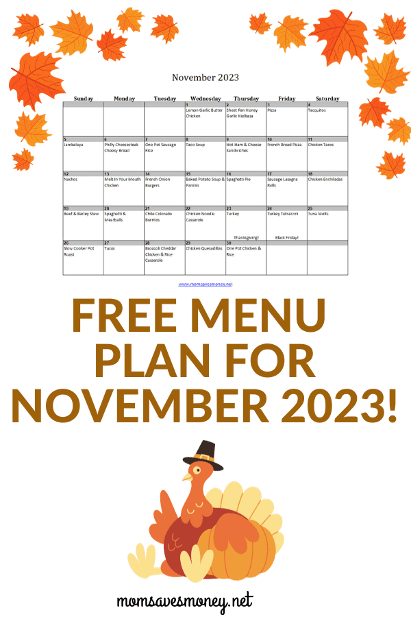 free menu plan for November 2023 with calendar