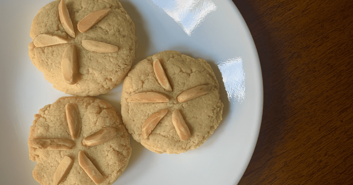 3 sand dollar almond cookies on a white plate