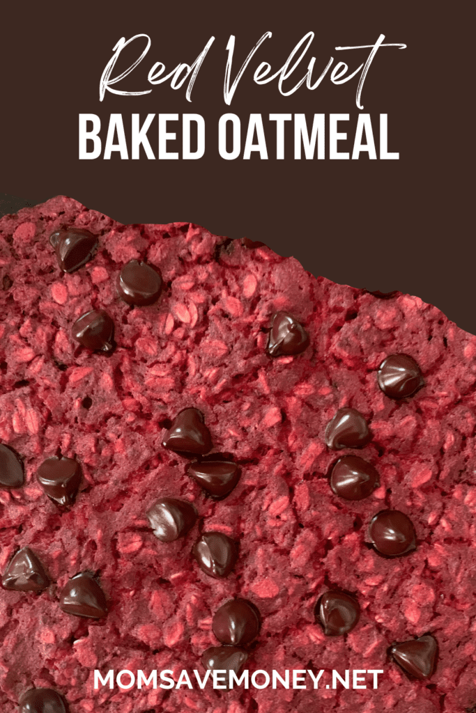 Bright red baked oatmeal made with beets and topped with chocolate chips