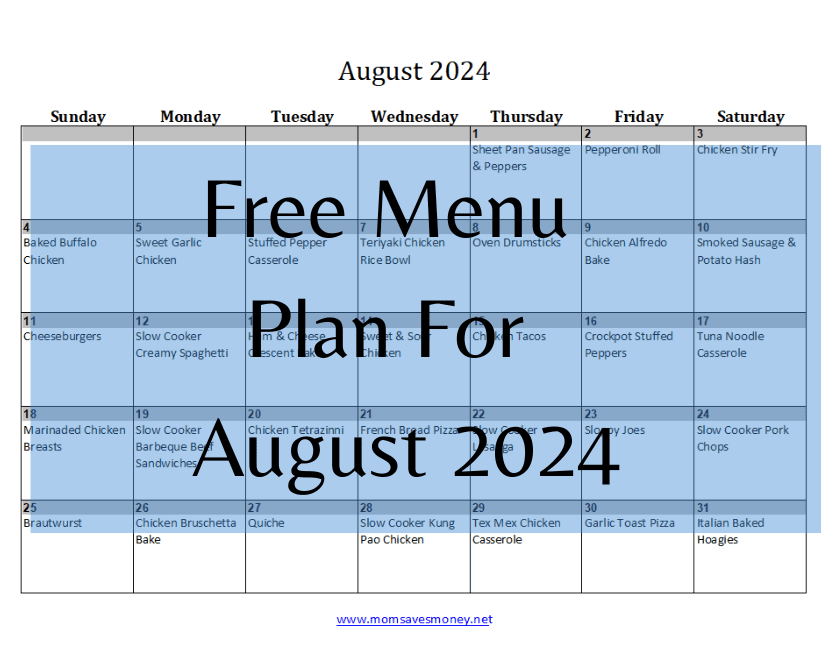 Calendar for August 2024 meal plan