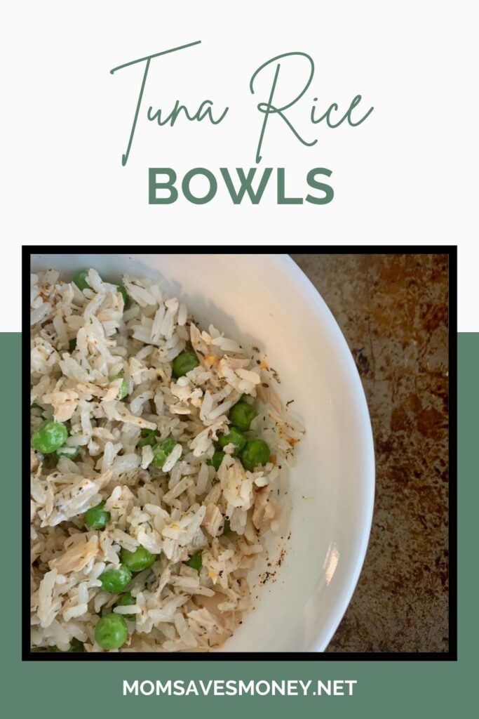 tuna rice bowls with picture of tuna, rice, and peas. 