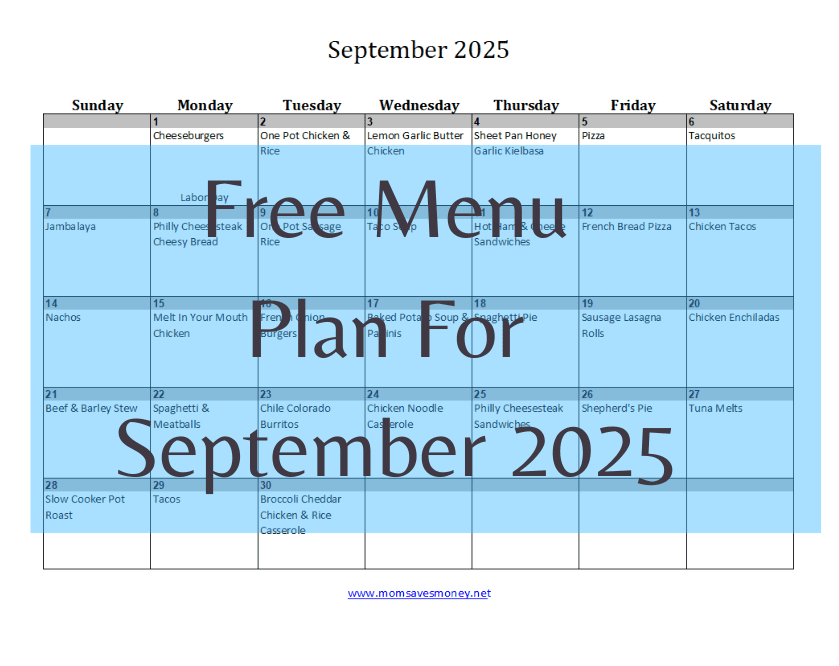 september 2025 calendar with meals