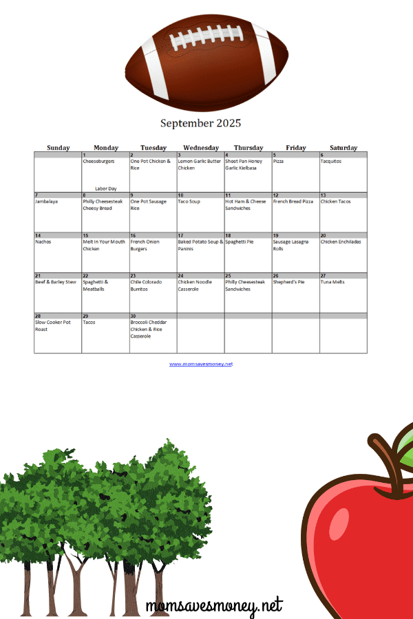 September 2025 calendar with meal plan
