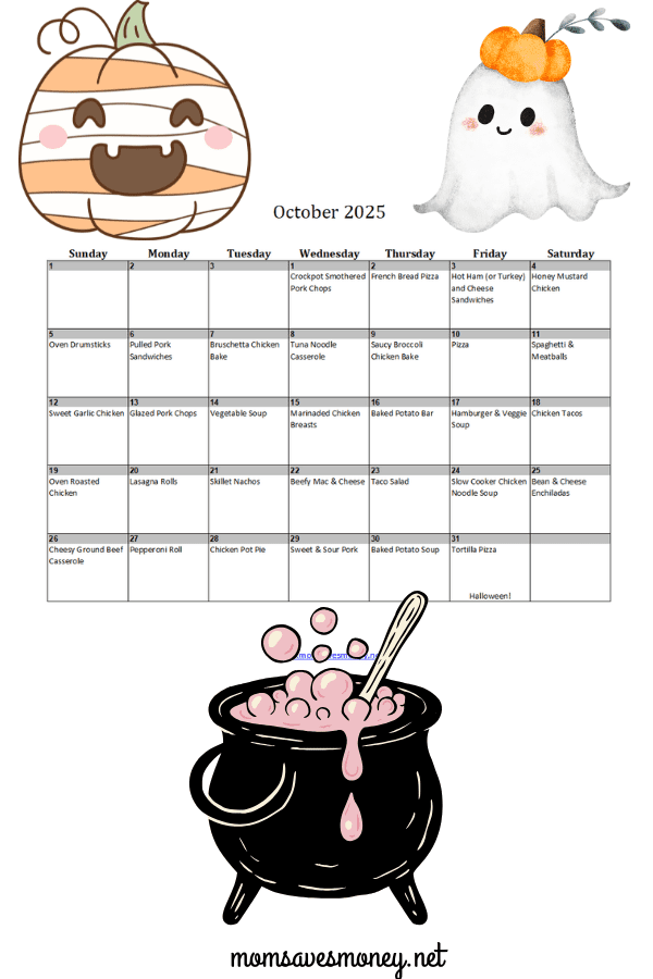 October 2025 calendar with meal plan