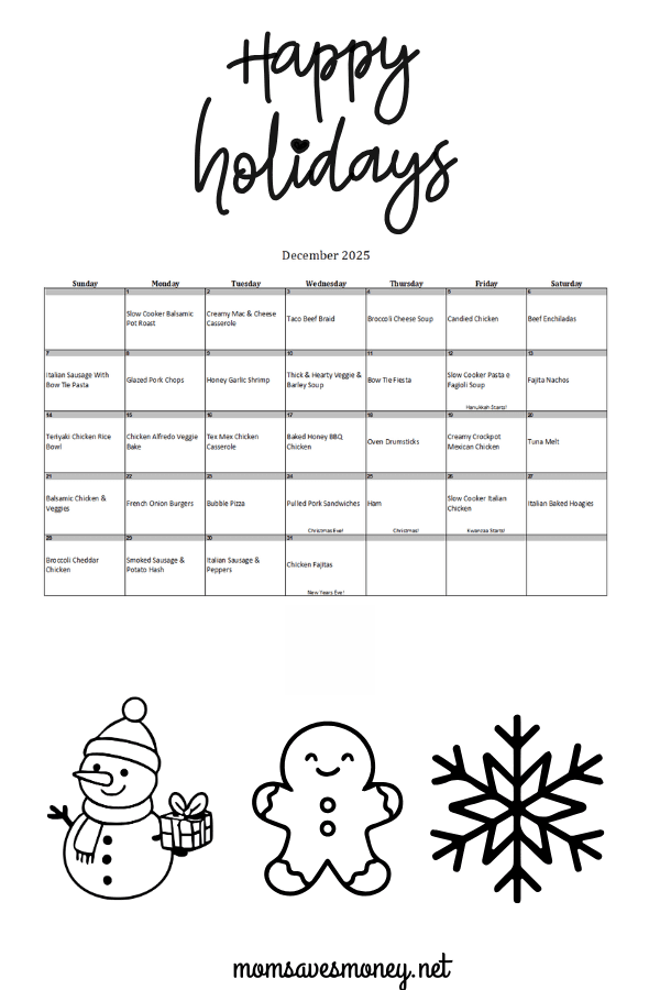 December 2025 calendar with meal plan